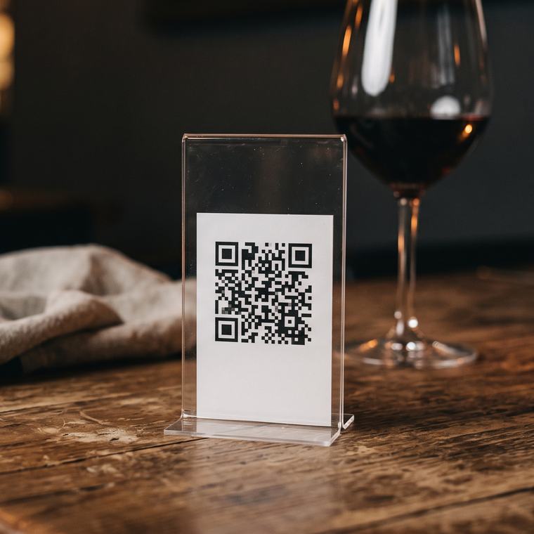 Expositor com código QR numa mesa de restaurante